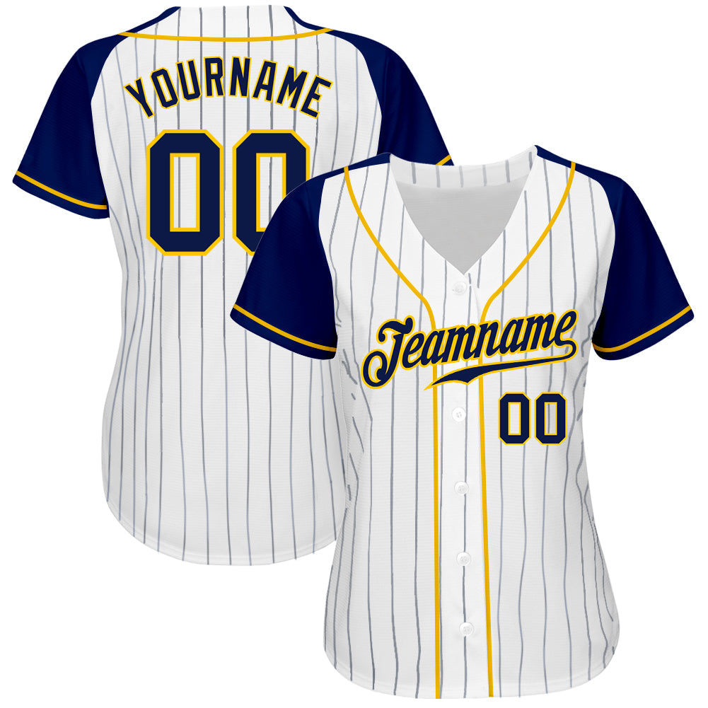 Custom White Navy Pinstripe Navy-Gold Authentic Raglan Sleeves Baseball Jersey view 2