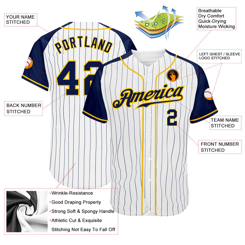 Custom White Navy Pinstripe Navy-Gold Authentic Raglan Sleeves Baseball Jersey view 3