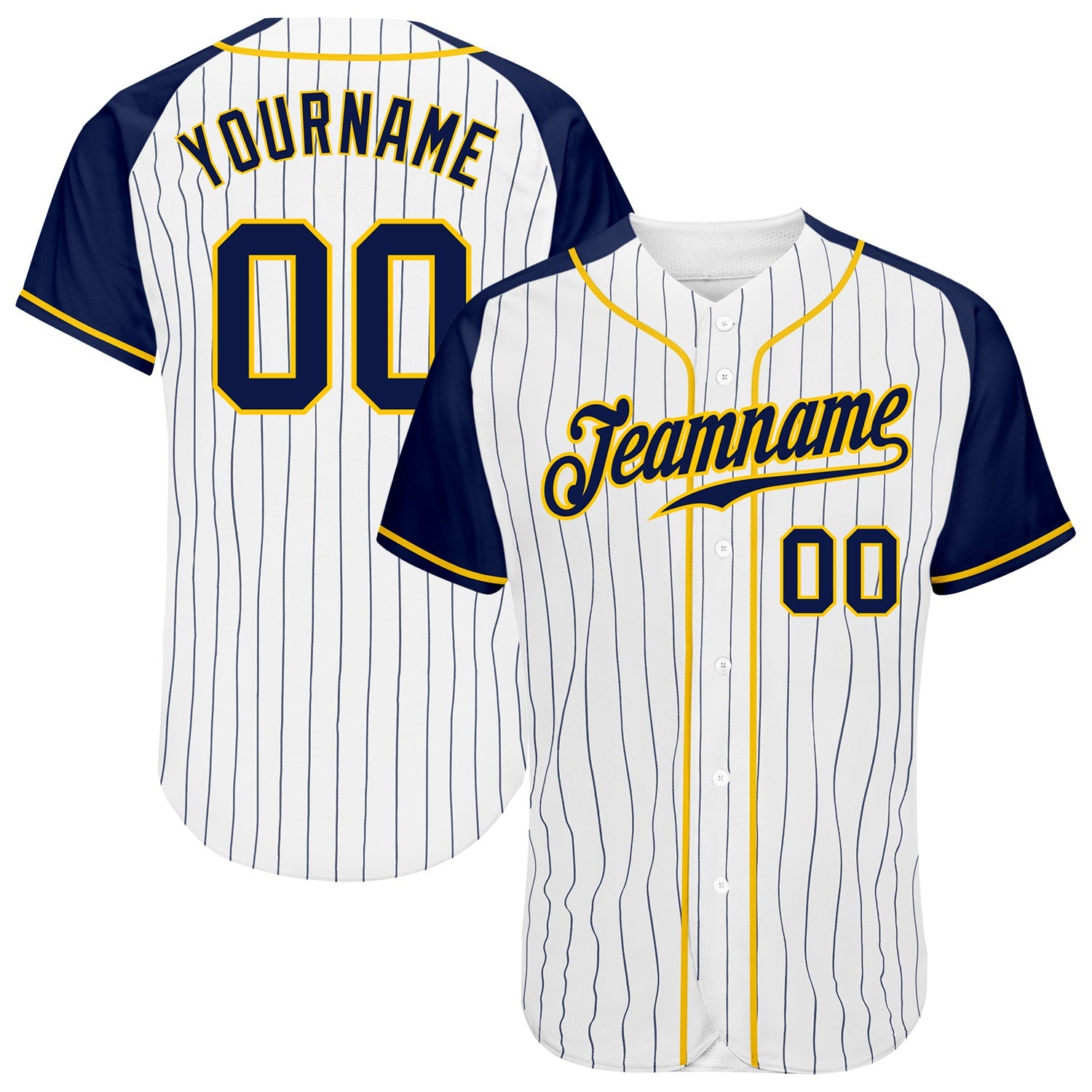 Custom White Navy Pinstripe Navy-Gold Authentic Raglan Sleeves Baseball Jersey - Main View