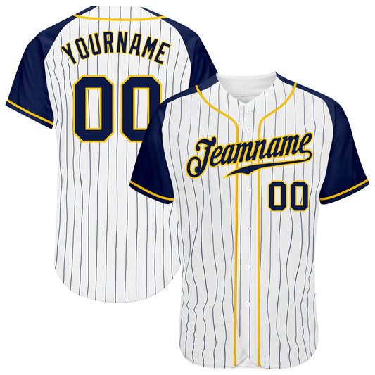 Custom White Navy Pinstripe Navy-Gold Authentic Raglan Sleeves Baseball Jersey - Main View