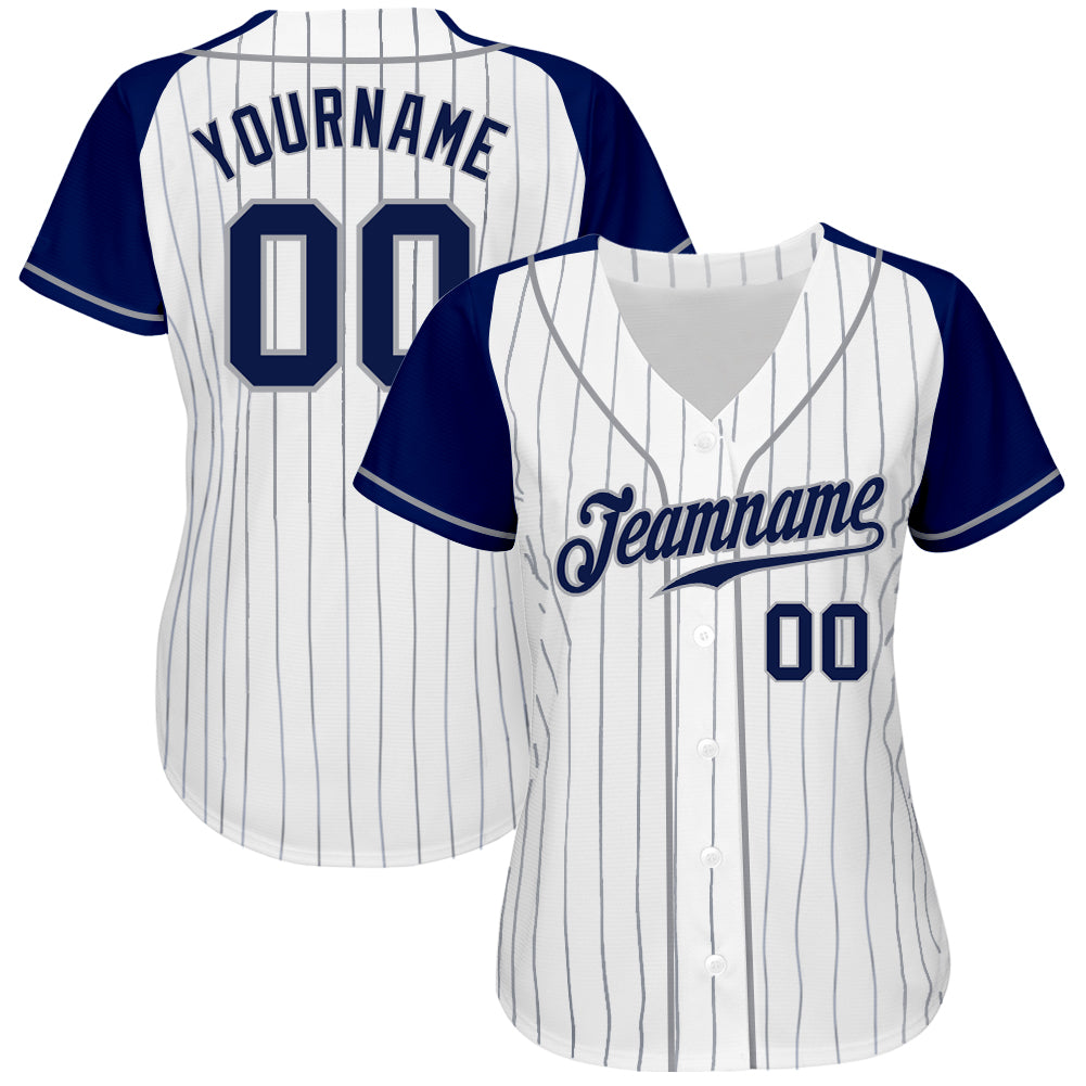 Custom White Navy Pinstripe Navy-Gray Authentic Raglan Sleeves Baseball Jersey view 2