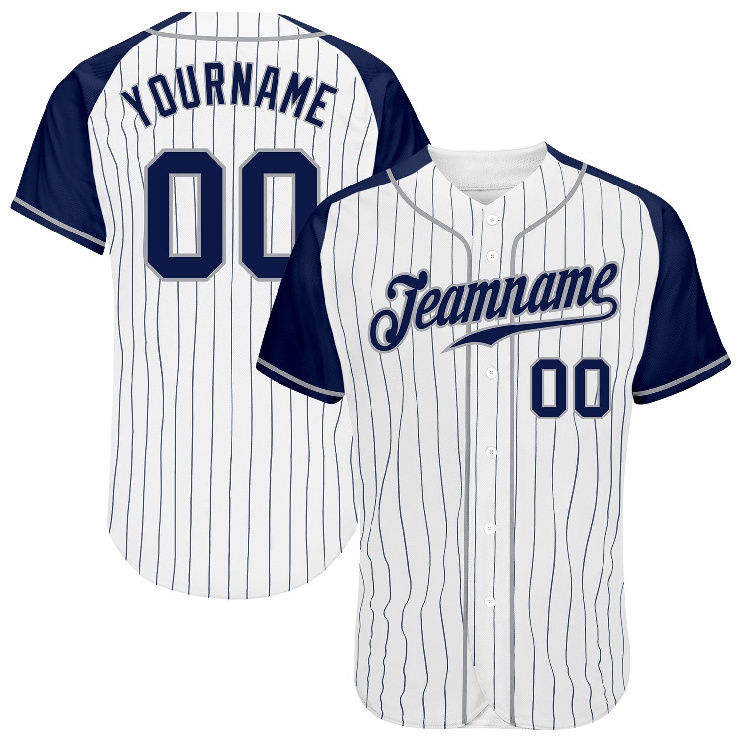 Custom White Navy Pinstripe Navy-Gray Authentic Raglan Sleeves Baseball Jersey - Main View