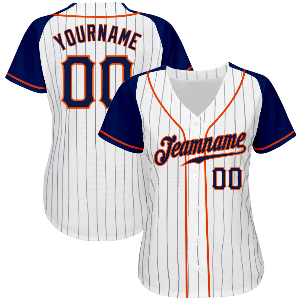 Custom White Navy Pinstripe Navy-Orange Authentic Raglan Sleeves Baseball Jersey view 2