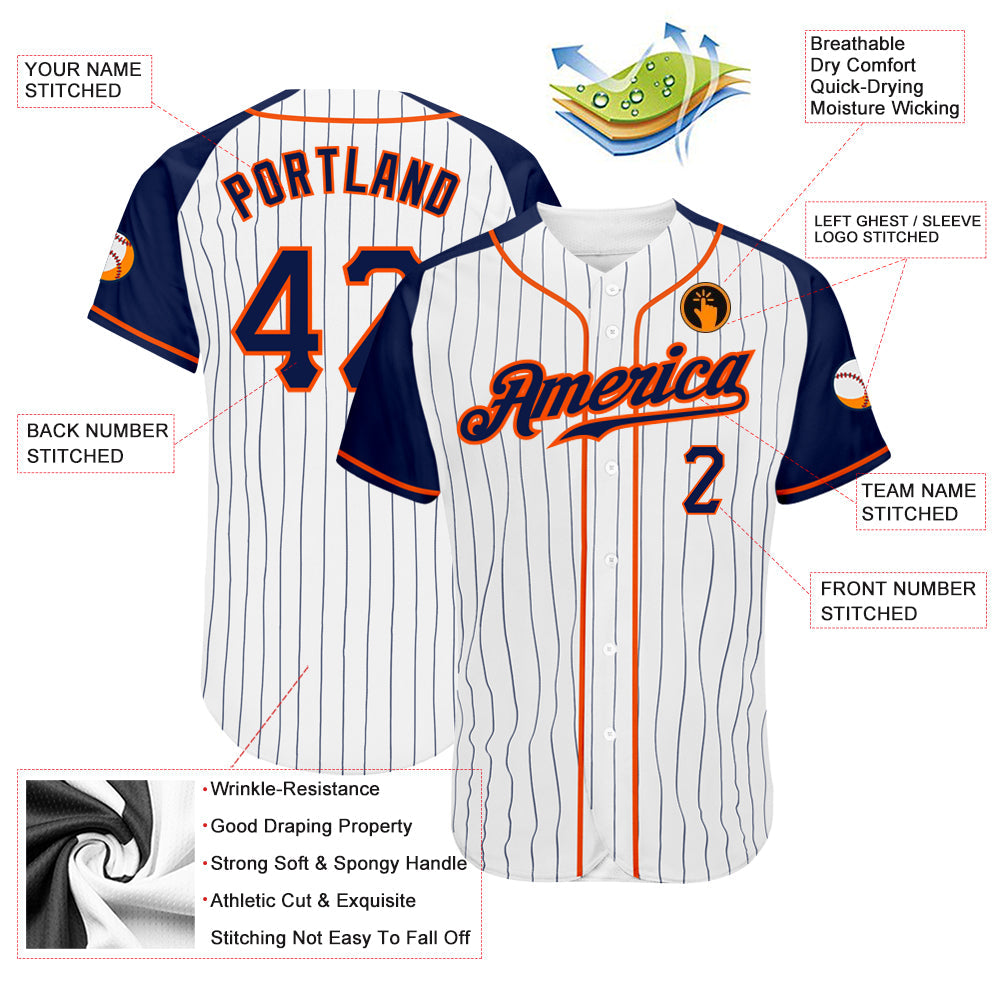Custom White Navy Pinstripe Navy-Orange Authentic Raglan Sleeves Baseball Jersey view 3