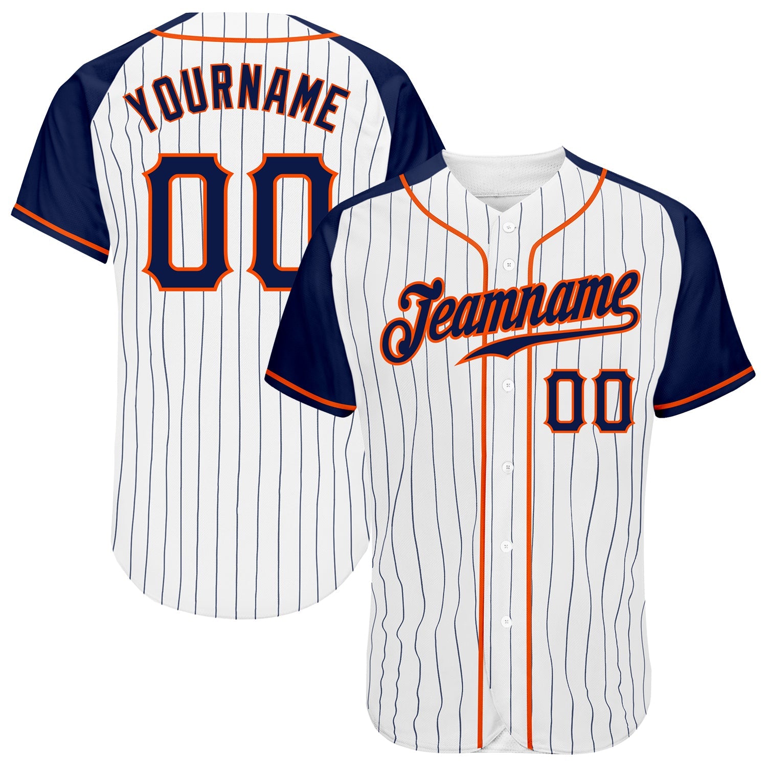 Custom White Navy Pinstripe Navy-Orange Authentic Raglan Sleeves Baseball Jersey - Main View