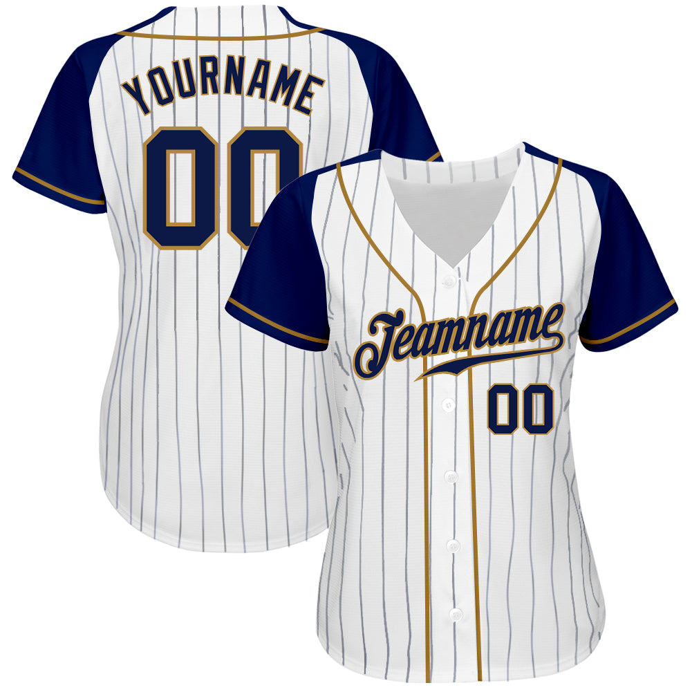 Custom White Navy Pinstripe Navy-Old Gold Authentic Raglan Sleeves Baseball Jersey view 2