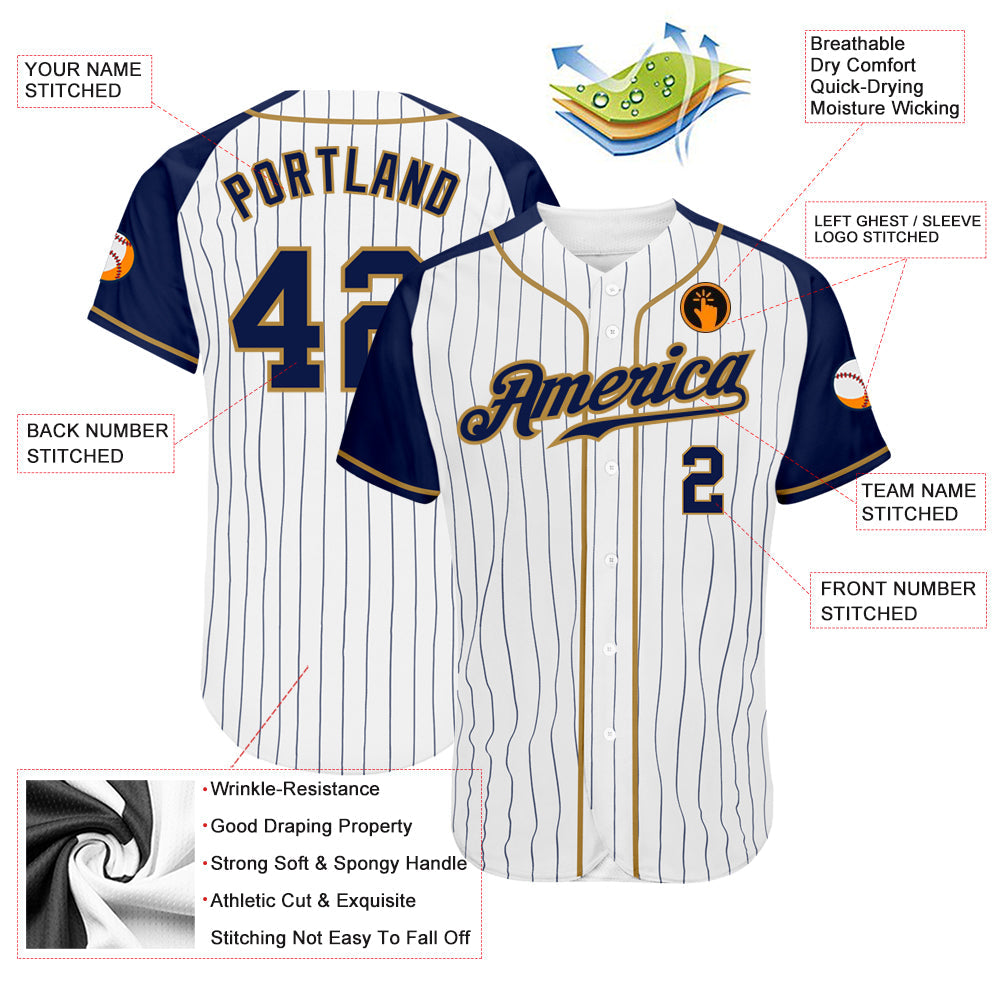 Custom White Navy Pinstripe Navy-Old Gold Authentic Raglan Sleeves Baseball Jersey view 3