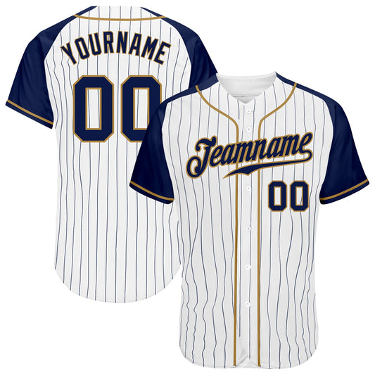 Custom White Navy Pinstripe Navy-Old Gold Authentic Raglan Sleeves Baseball Jersey - Main View