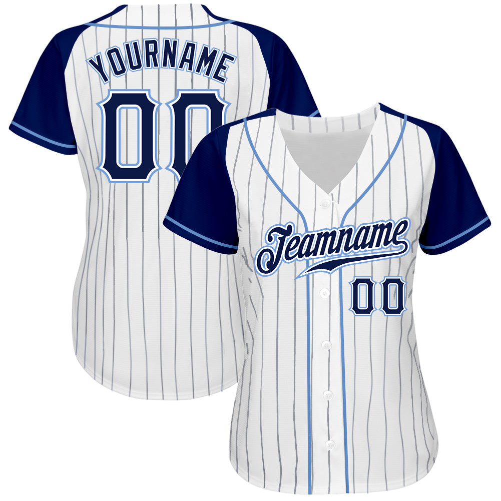 Custom White Navy Pinstripe Navy-Light Blue Authentic Raglan Sleeves Baseball Jersey view 2