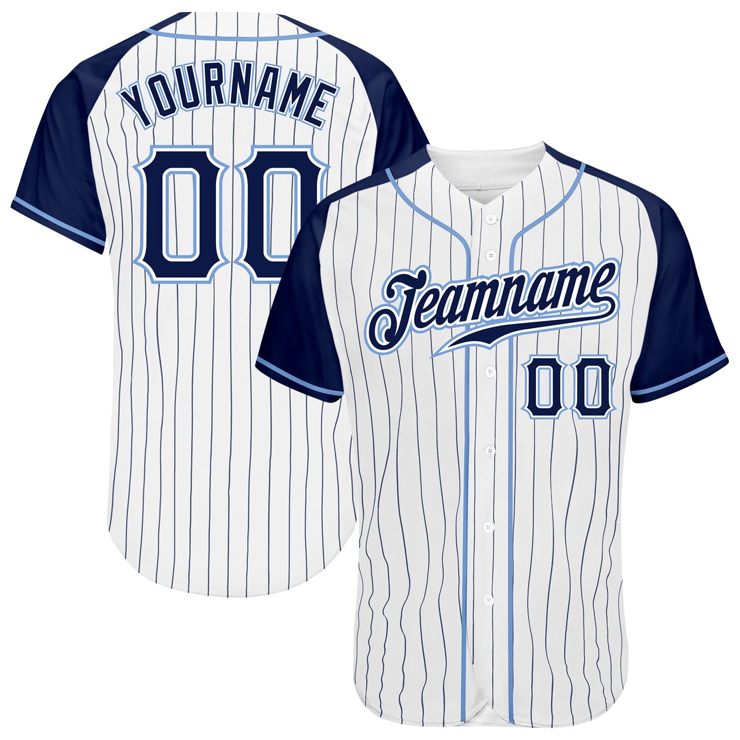 Custom White Navy Pinstripe Navy-Light Blue Authentic Raglan Sleeves Baseball Jersey - Main View