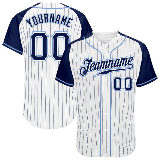Custom White Navy Pinstripe Navy-Light Blue Authentic Raglan Sleeves Baseball Jersey - Main View