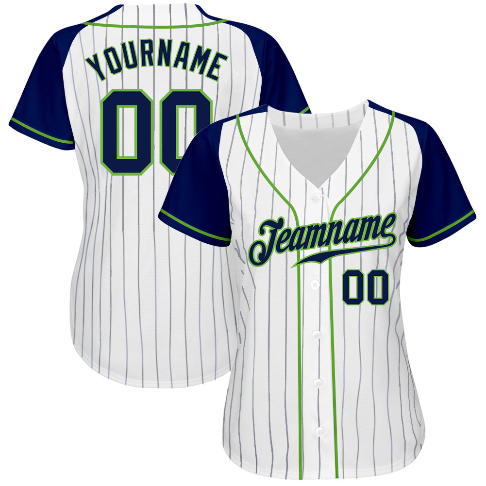 Custom White Navy Pinstripe Navy-Neon Green Authentic Raglan Sleeves Baseball Jersey view 3