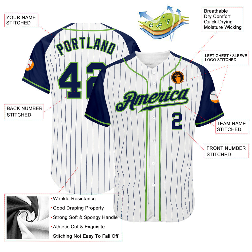 Custom White Navy Pinstripe Navy-Neon Green Authentic Raglan Sleeves Baseball Jersey view 4