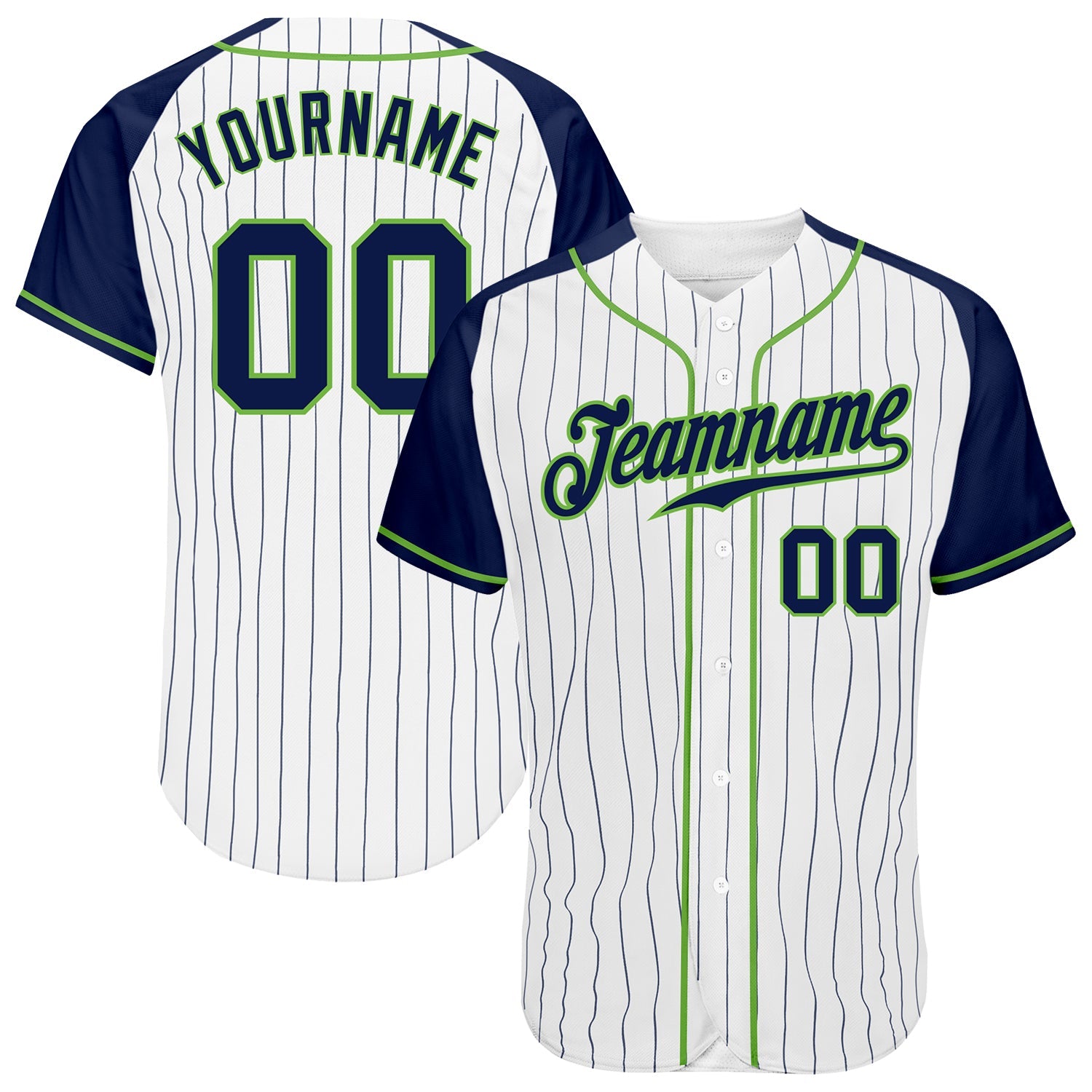 Custom White Navy Pinstripe Navy-Neon Green Authentic Raglan Sleeves Baseball Jersey - Main View