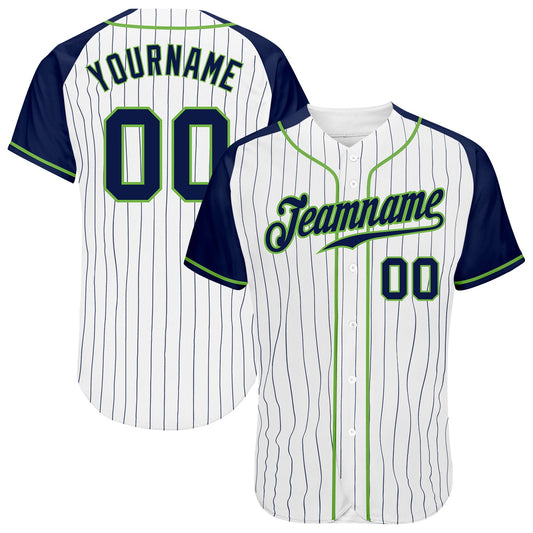 Custom White Navy Pinstripe Navy-Neon Green Authentic Raglan Sleeves Baseball Jersey - Main View