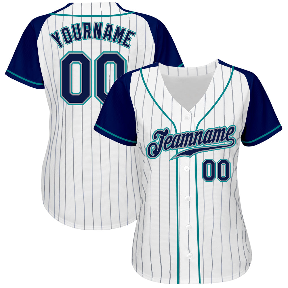 Custom White Navy Pinstripe Navy-Teal Authentic Raglan Sleeves Baseball Jersey view 2