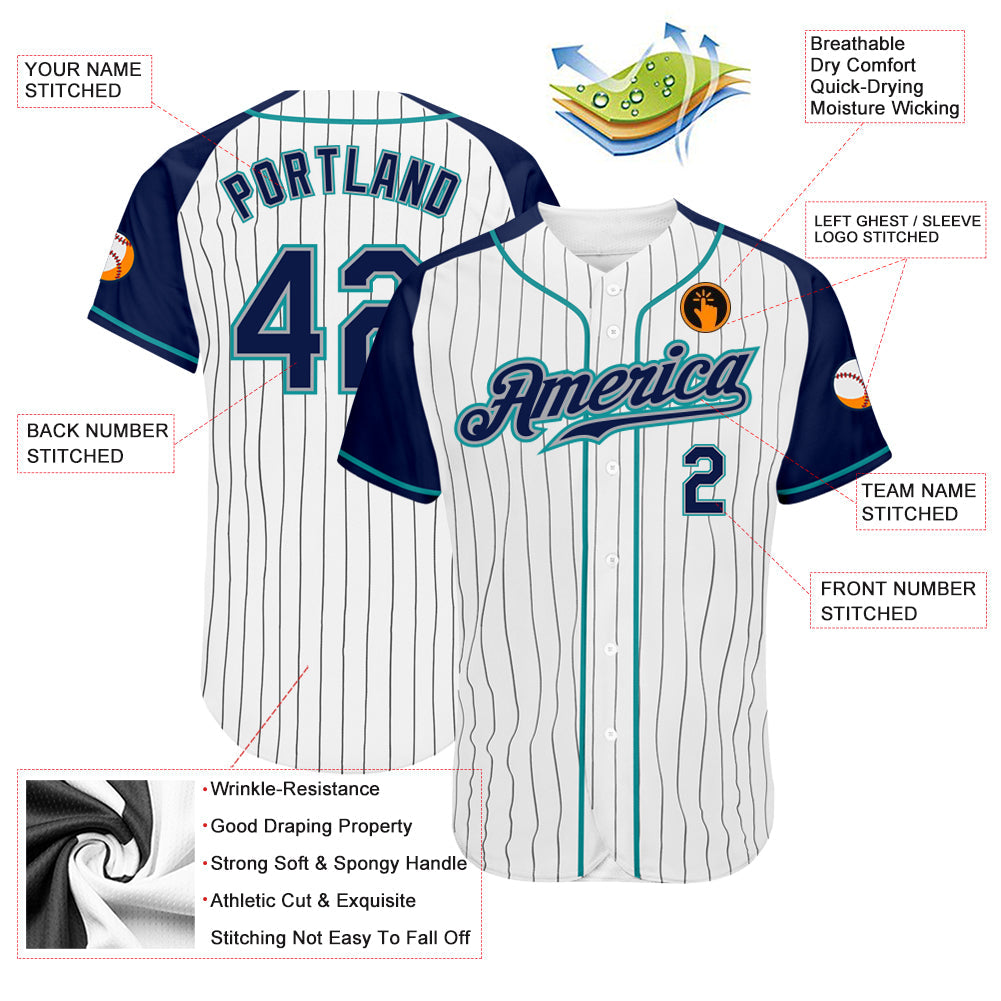 Custom White Navy Pinstripe Navy-Teal Authentic Raglan Sleeves Baseball Jersey view 3