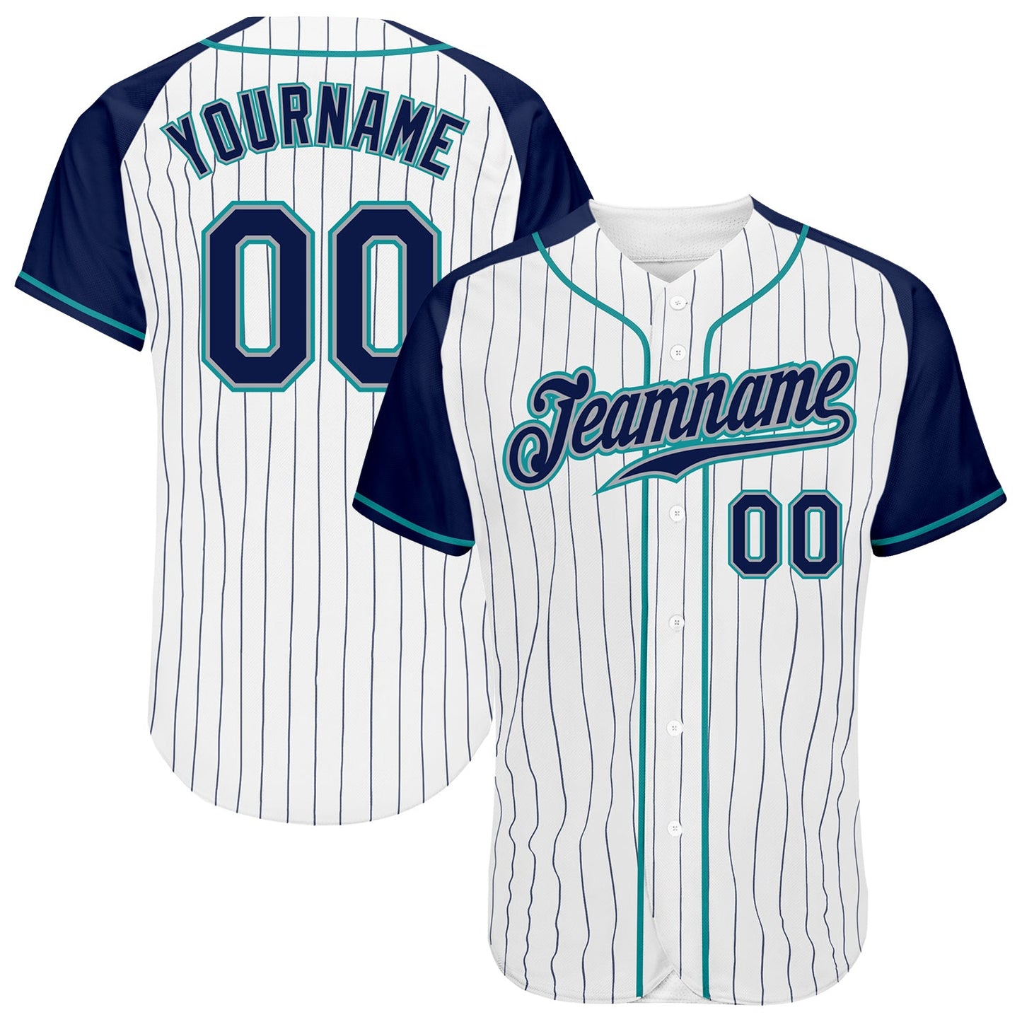 Custom White Navy Pinstripe Navy-Teal Authentic Raglan Sleeves Baseball Jersey - Main View