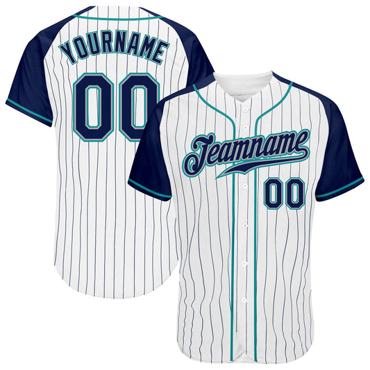 Custom White Navy Pinstripe Navy-Teal Authentic Raglan Sleeves Baseball Jersey - Main View
