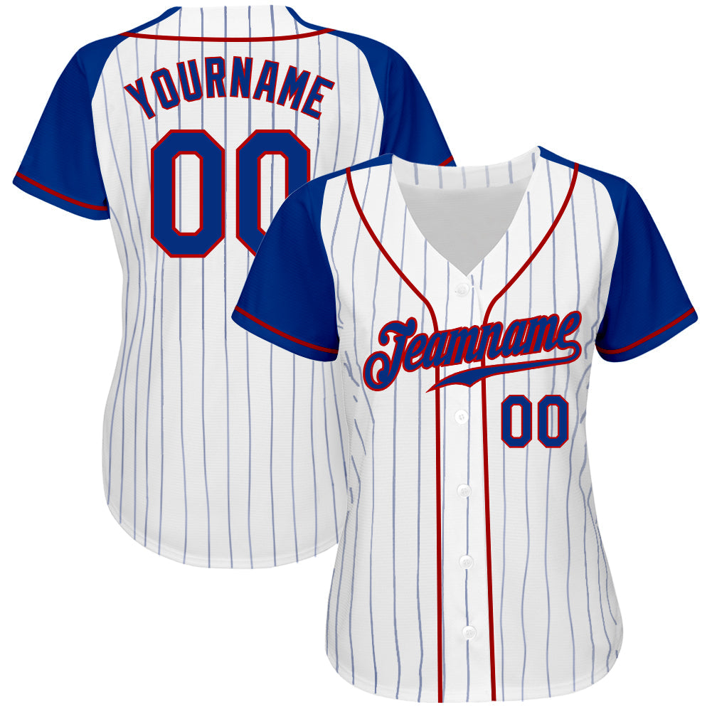 Custom White Royal Pinstripe Royal-Red Authentic Raglan Sleeves Baseball Jersey view 2