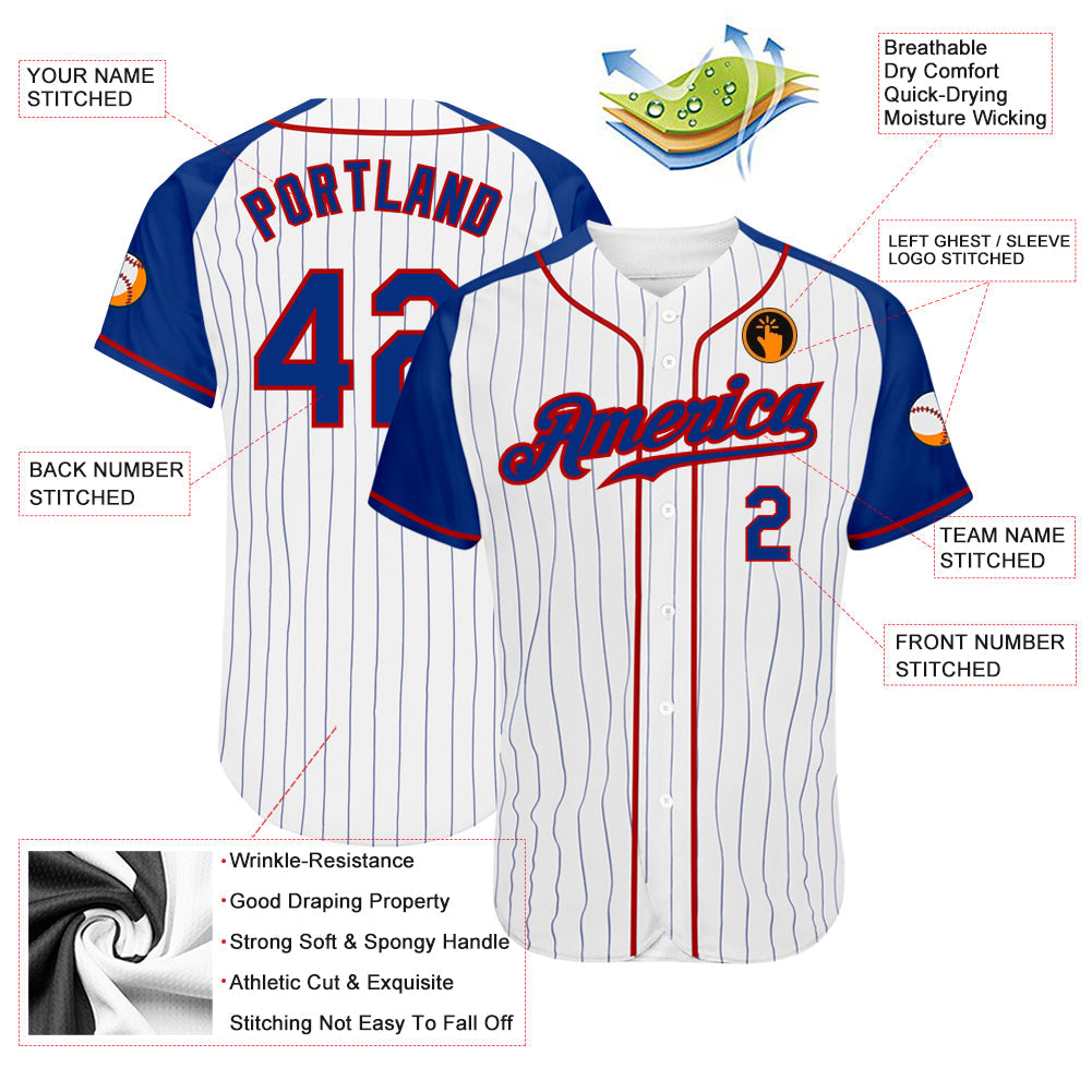 Custom White Royal Pinstripe Royal-Red Authentic Raglan Sleeves Baseball Jersey view 3