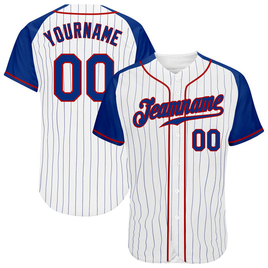 Custom White Royal Pinstripe Royal-Red Authentic Raglan Sleeves Baseball Jersey - Main View