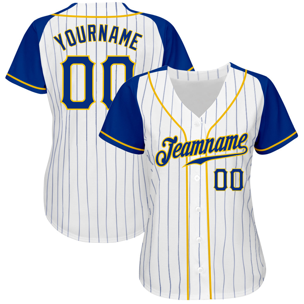 Custom White Royal Pinstripe Royal-Gold Authentic Raglan Sleeves Baseball Jersey view 2