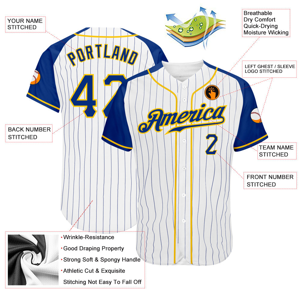Custom White Royal Pinstripe Royal-Gold Authentic Raglan Sleeves Baseball Jersey view 3