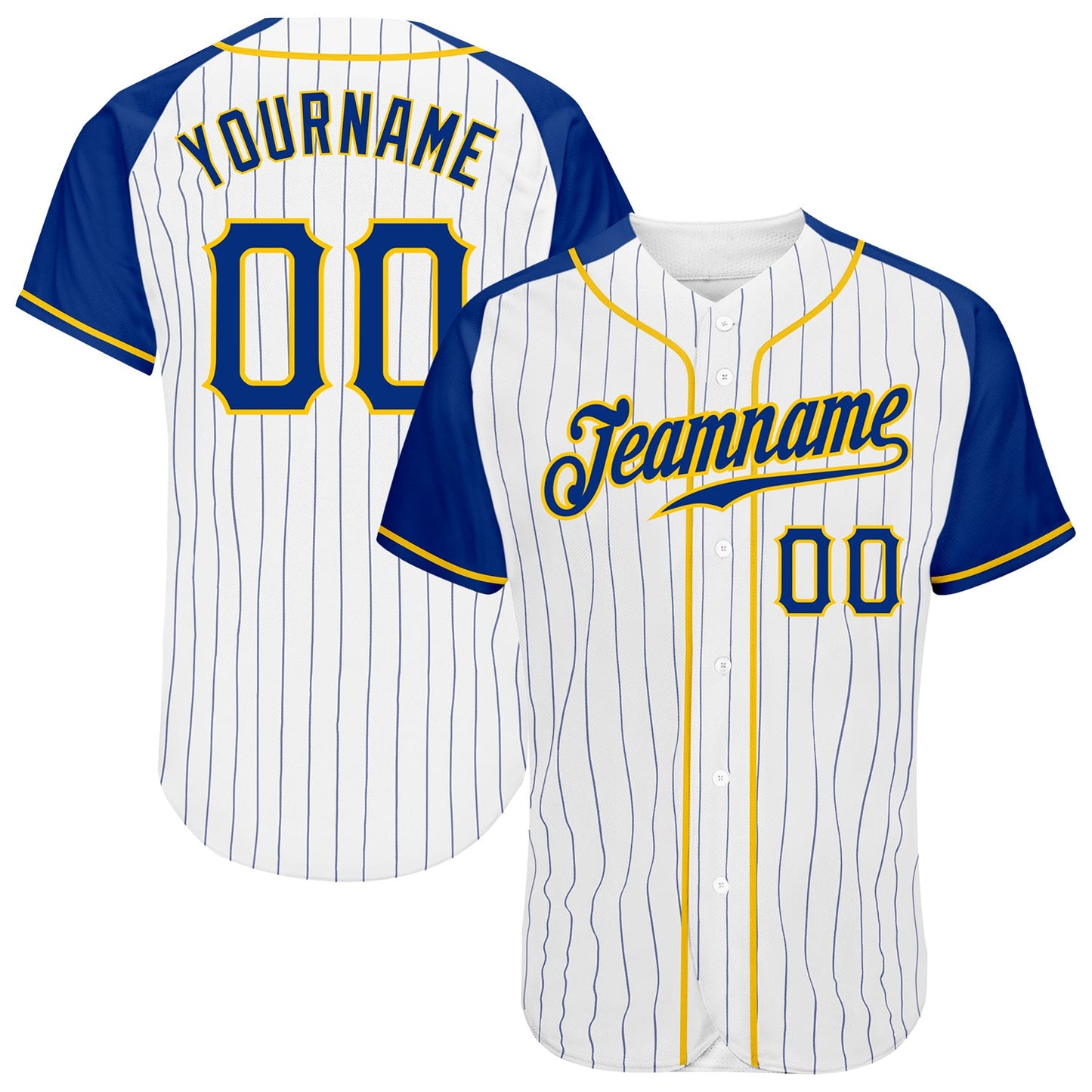 Custom White Royal Pinstripe Royal-Gold Authentic Raglan Sleeves Baseball Jersey - Main View
