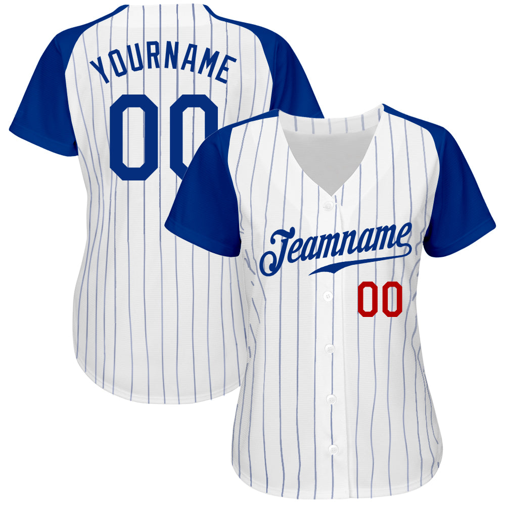 Custom White Royal Pinstripe Royal-Red Authentic Raglan Sleeves Baseball Jersey view 2