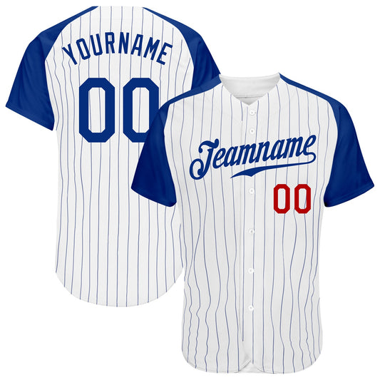 Custom White Royal Pinstripe Royal-Red Authentic Raglan Sleeves Baseball Jersey - Main View