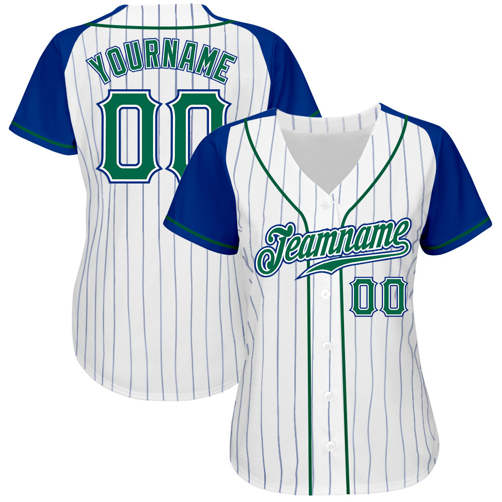 Custom White Royal Pinstripe Kelly Green-Royal Authentic Raglan Sleeves Baseball Jersey view 2
