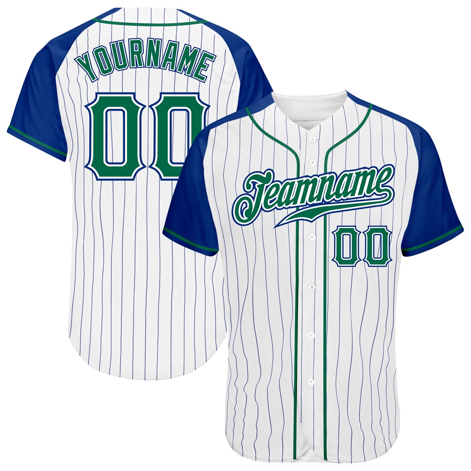 Custom White Royal Pinstripe Kelly Green-Royal Authentic Raglan Sleeves Baseball Jersey - Main View