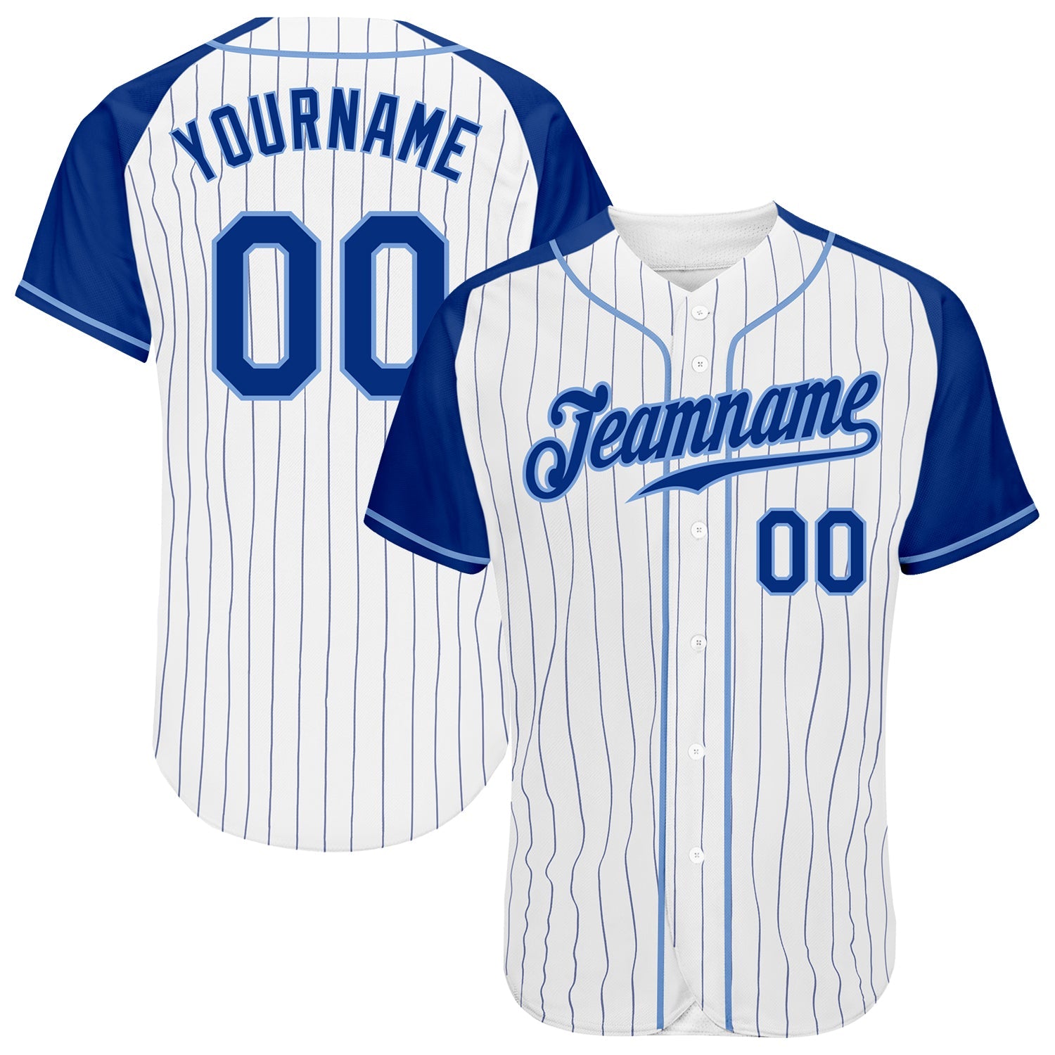 Custom White Royal Pinstripe Royal-Light Blue Authentic Raglan Sleeves Baseball Jersey - Main View