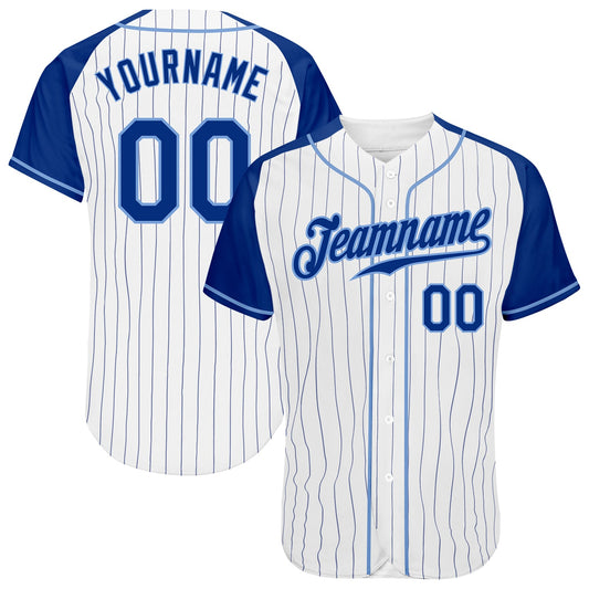 Custom White Royal Pinstripe Royal-Light Blue Authentic Raglan Sleeves Baseball Jersey - Main View