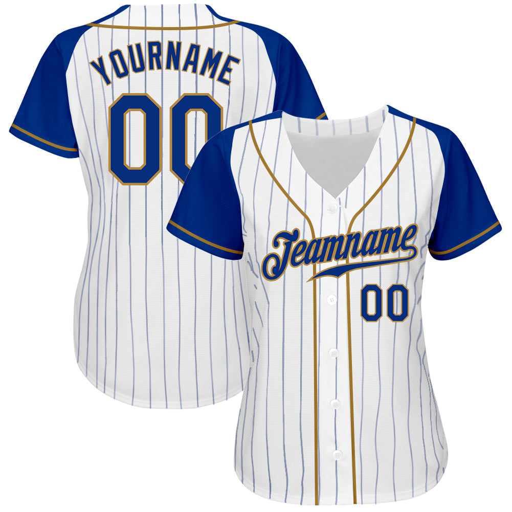 Custom White Royal Pinstripe Royal-Old Gold Authentic Raglan Sleeves Baseball Jersey view 2