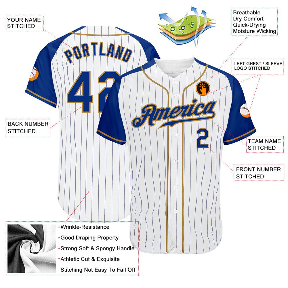 Custom White Royal Pinstripe Royal-Old Gold Authentic Raglan Sleeves Baseball Jersey view 3