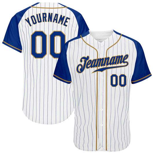 Custom White Royal Pinstripe Royal-Old Gold Authentic Raglan Sleeves Baseball Jersey - Main View
