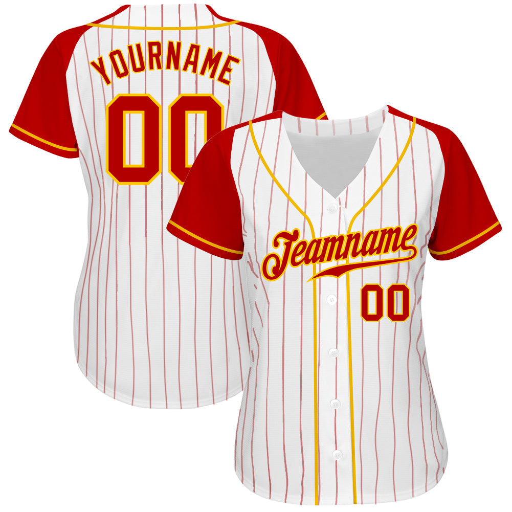 Custom White Red Pinstripe Red-Gold Authentic Raglan Sleeves Baseball Jersey view 2