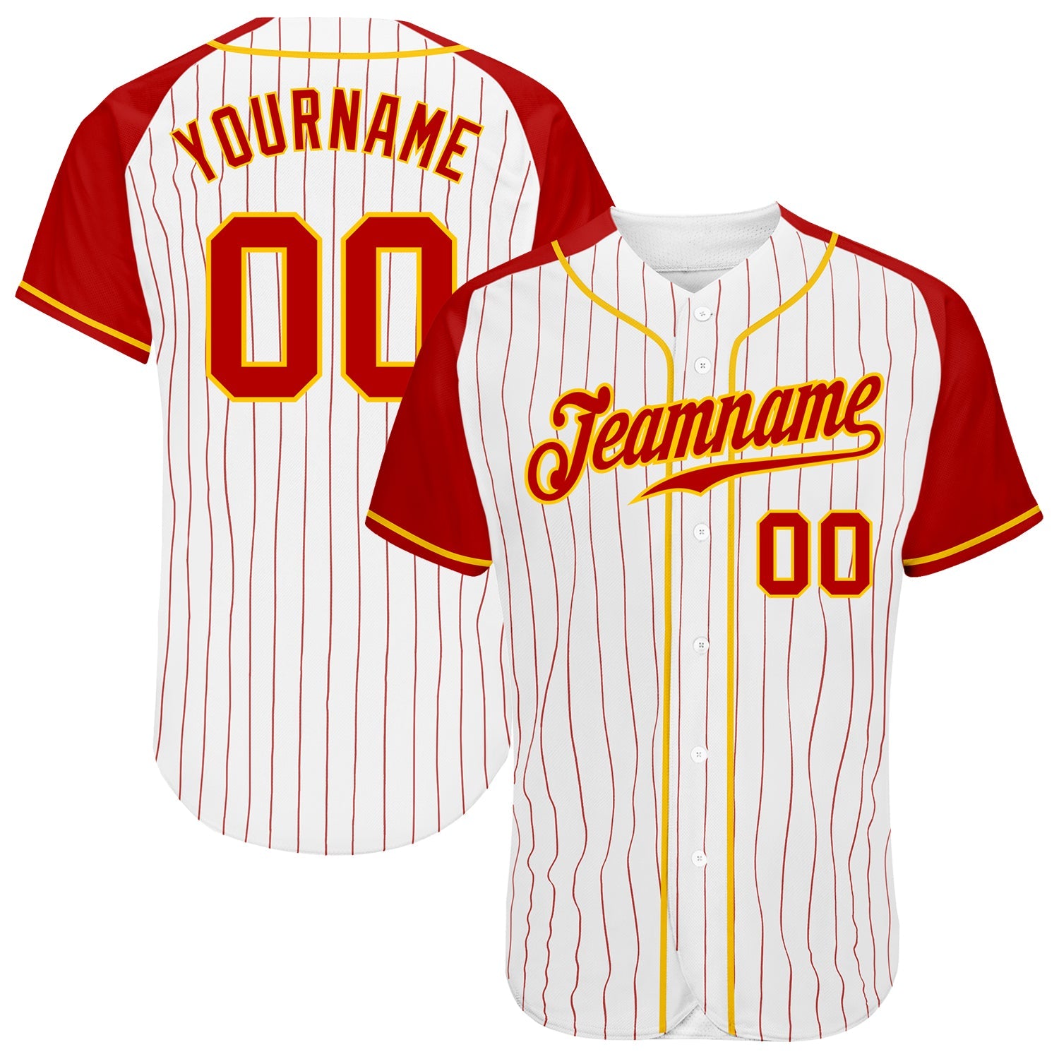 Custom White Red Pinstripe Red-Gold Authentic Raglan Sleeves Baseball Jersey - Main View