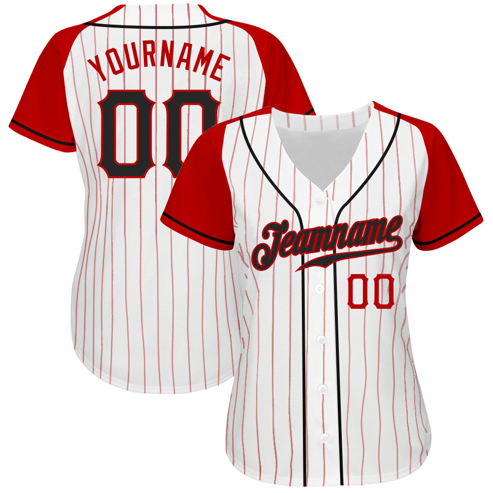 Custom White Red Pinstripe Black-Red Authentic Raglan Sleeves Baseball Jersey view 2