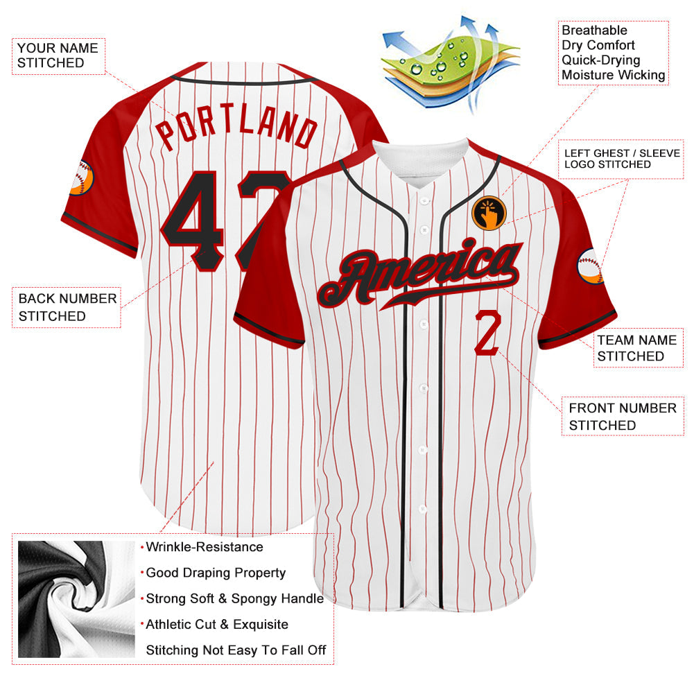 Custom White Red Pinstripe Black-Red Authentic Raglan Sleeves Baseball Jersey view 3