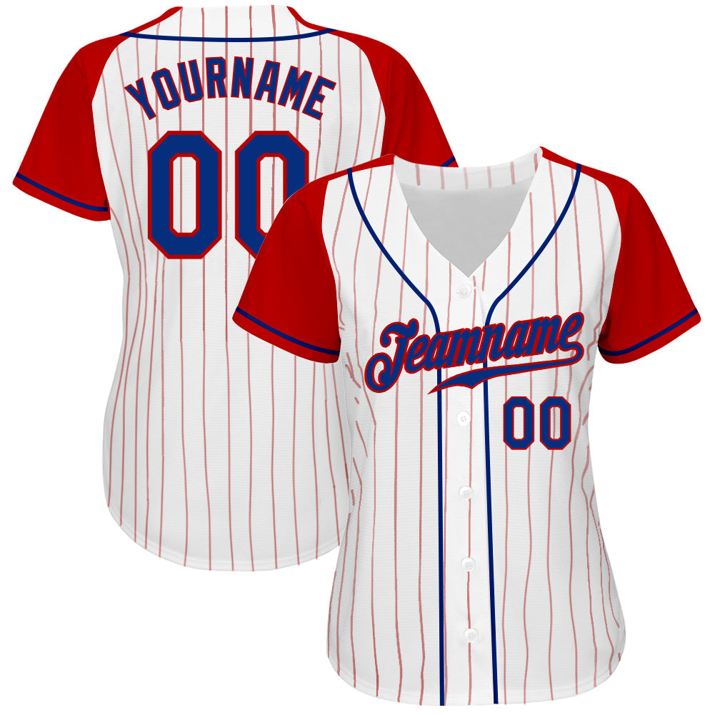 Custom White Red Pinstripe Royal-Red Authentic Raglan Sleeves Baseball Jersey view 2