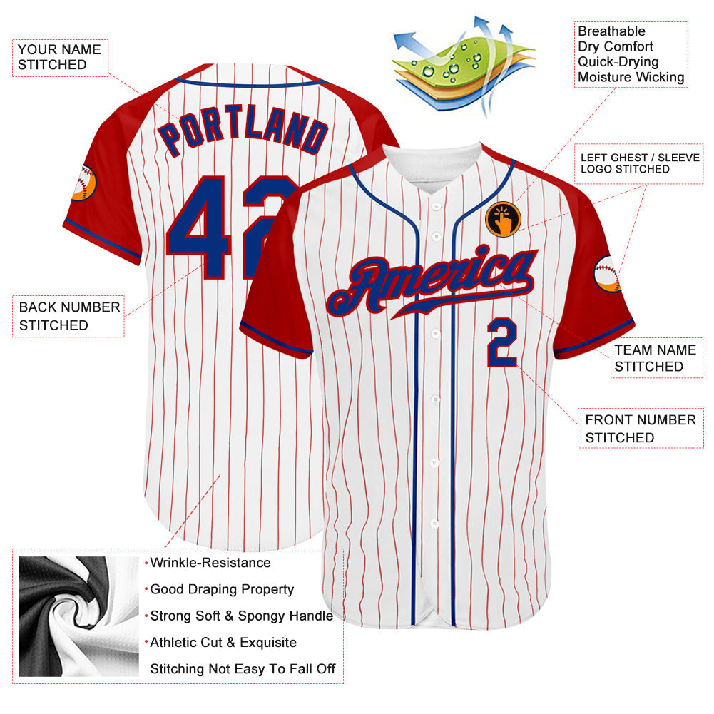 Custom White Red Pinstripe Royal-Red Authentic Raglan Sleeves Baseball Jersey view 3