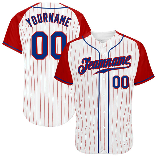 Custom White Red Pinstripe Royal-Red Authentic Raglan Sleeves Baseball Jersey - Main View