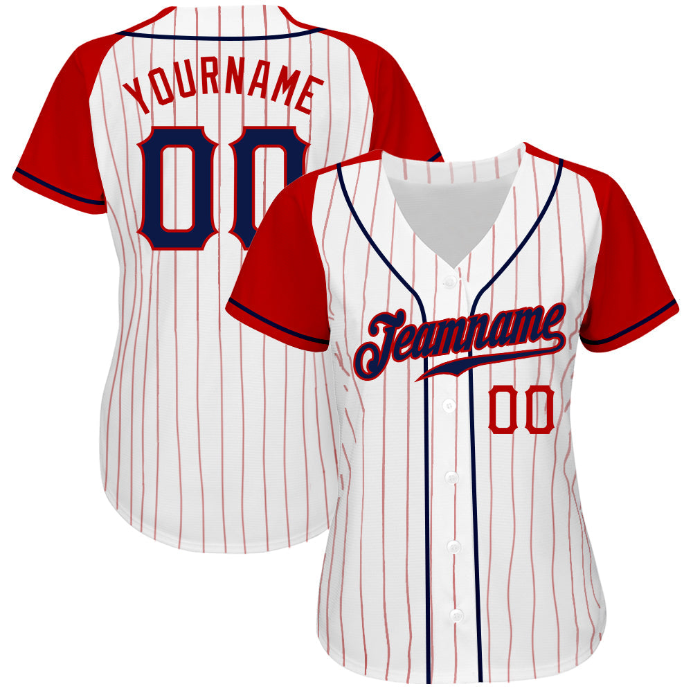 Custom White Red Pinstripe Navy-Red Authentic Raglan Sleeves Baseball Jersey view 2