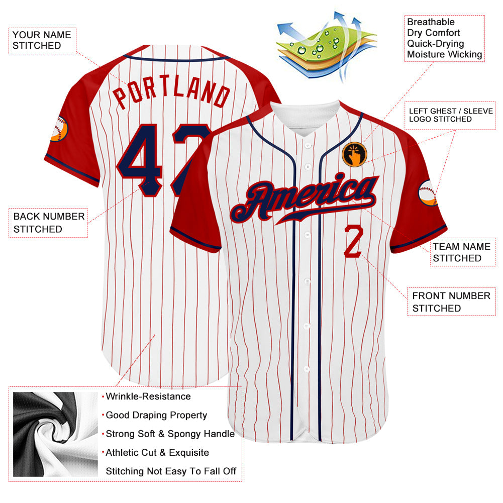 Custom White Red Pinstripe Navy-Red Authentic Raglan Sleeves Baseball Jersey view 3