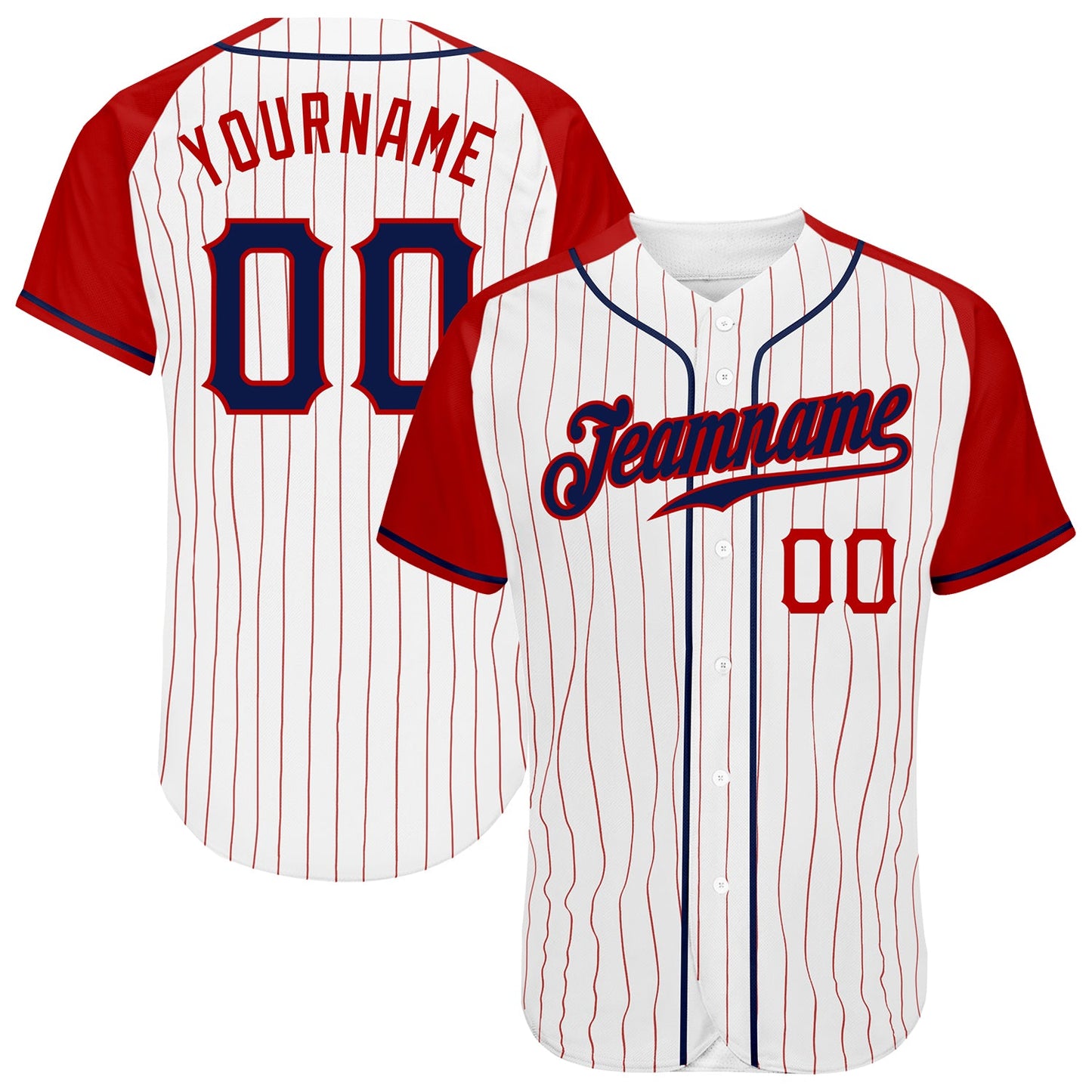 Custom White Red Pinstripe Navy-Red Authentic Raglan Sleeves Baseball Jersey - Main View