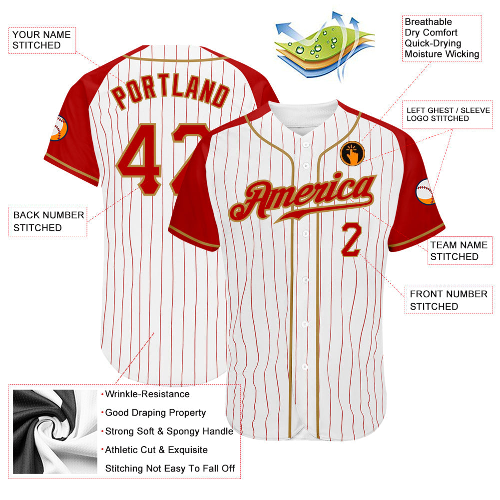 Custom White Red Pinstripe Red-Old Gold Authentic Raglan Sleeves Baseball Jersey view 3
