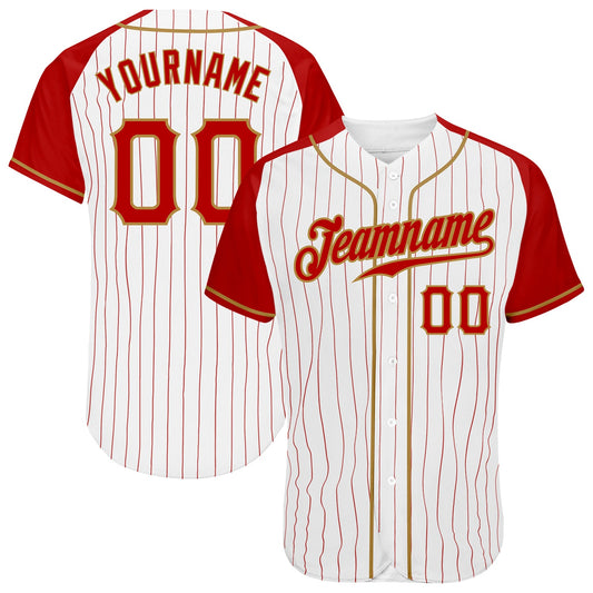 Custom White Red Pinstripe Red-Old Gold Authentic Raglan Sleeves Baseball Jersey - Main View